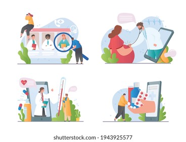 Online medicine concept showing an internet search, consultations with virtual doctors and pharmacy purchases in set of colorful scenes, flat cartoon vector illustrations isolated on white