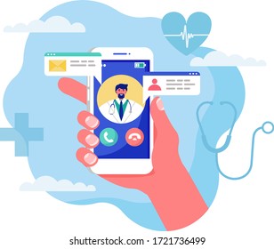 Online medicine concept vector illustration. Cartoon flat human hand holding smartphone with video call to doctor character on screen, using mobile advise or consultation service app isolated on white