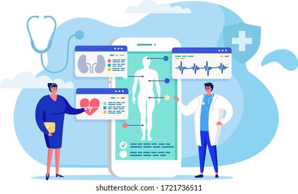 Online medicine concept vector illustration. Cartoon flat tiny woman patient character meeting with man doctor for diagnosis, treatment or consultation, using smartphone app isolated on white