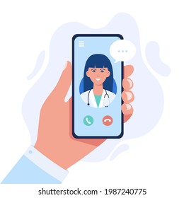 Online medicine concept vector illustration. Cartoon flat human hand holding smartphone with video call to doctor character on screen, using mobile advise or consultation service app isolated on white