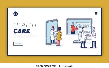 Online Medicine Concept. Website Landing Page. Male And Female Characters Visit Doctors Online. People Reserving Remote Meetings With Doctors. Web Page Cartoon Linear Outline Flat Vector Illustration