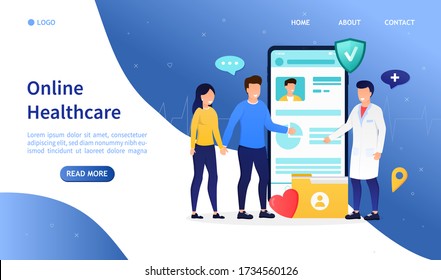 Online Medicine Concept. Young Attractive Couple On A Doctor's Consultation Using A Smartphone. Virtual Meeting With The Doctor. Technological Medical Diagnostics And Exam. Flat Vector Illustration