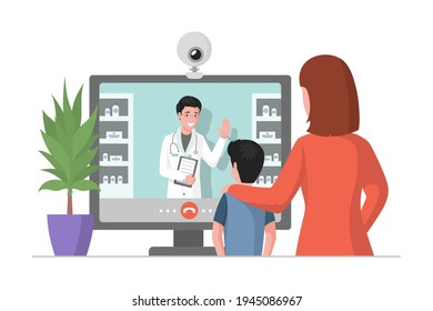 Online medicine consultation vector flat illustration. Mother and her son looking at display and consulting with doctor about health. Doctor in medical robe consults patients. Telemedicine concept.