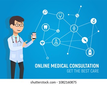 Online medicine consultation vector illustration. Doctor with smartphone in his hand and icons infographic around on blue background. Mobile healthcare app 