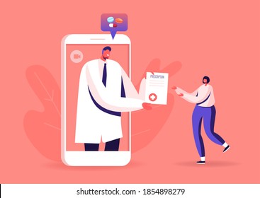 Online Medicine Distant Medical Consultation Smart Technology. Doctor Character Give Prescription to Patient from Huge Mobile Phone. Remote Practitioner Health Care. Cartoon People Vector Illustration