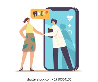 Online Medicine Distant Medical Consultation, Smart Technology. Doctor Character Shake Hand to Patient from Huge Mobile Phone. Remote Practitioner Health Care. Cartoon People Vector Illustration