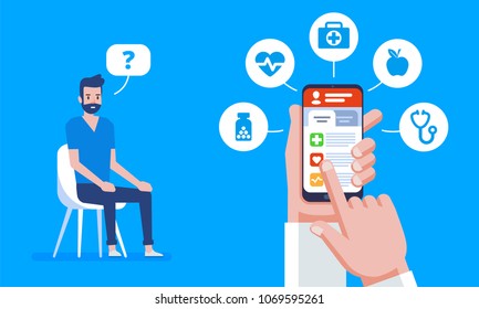 Online medicine. Doctor online concept with icons set. Doctor's appointment. The concept of online pharmacy. Vector flat  illustration. 