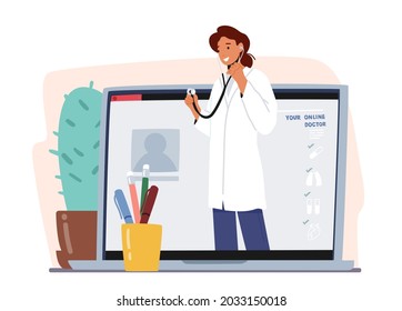Online Medicine. Doctor or Nurse Character with Stethoscope Stand Huge Laptop Screen. Medic Help Diseased Patient Distantly. Web Clinic, Hospital Healthcare Staff Support. Cartoon Vector Illustration
