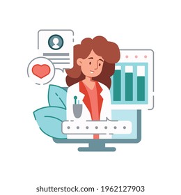 Composición plana de la medicina en línea con el carácter de doctora femenina con signos de salud ilustraciones vectoriales