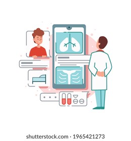 Online medicine flat composition with characters of doctor and patient screening body with smartphone vector illustration