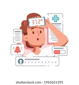 Online medicine flat composition with image of patient with smartphone and temperature checking app vector illustration
