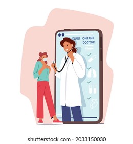 Online Medicine, Healthcare Service. Professional Doctor in White Coat on Smartphone Screen Listen Patient Heart Beating with Stethoscope. Hi-Tech Health Care Technologies. Cartoon Vector Illustration