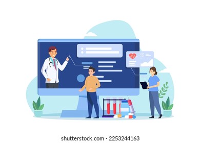 Online medicine home health care and life insurance concept. Doctor and mobile online medical exam. Healthcare consultation telemedicine service. Vector illustration