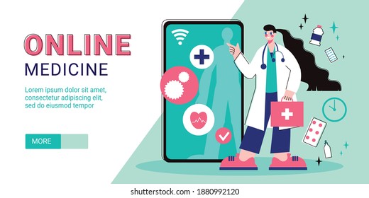 Online medicine horizontal banner composition with slider more button editable text and smartphone with female doctor vector illustration