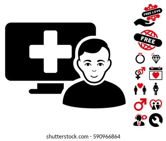 Online Medicine Icon With Bonus Decorative Clip Art. Vector Illustration Style Is Flat Iconic Intensive Red And Black Symbols On White Background.