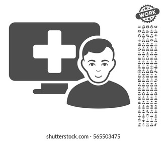 Online Medicine icon with bonus human pictures. Vector illustration style is flat iconic gray symbols on white background.