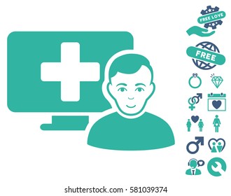 Online Medicine Icon With Bonus Marriage Clip Art. Vector Illustration Style Is Flat Iconic Cobalt And Cyan Symbols On White Background.