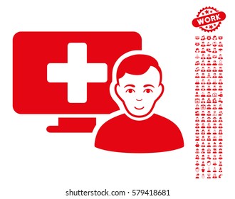 Online Medicine icon with bonus occupation symbols. Vector illustration style is flat iconic red symbols on white background.