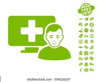 Online Medicine icon with free bonus graphic icons. Vector illustration style is flat iconic symbols, eco green color, white background.