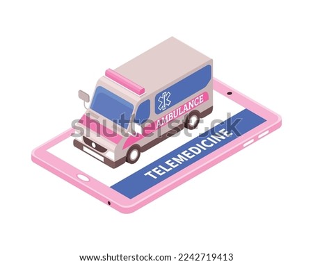 Online medicine isometric concept with ambulance car and tablet 3d vector illustration