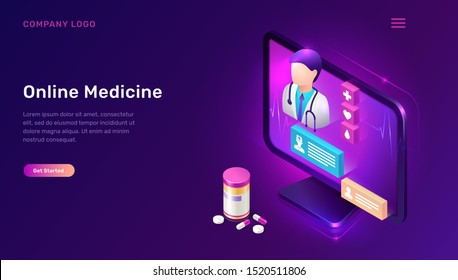 Online medicine isometric concept vector illustration. Distance or telemedicine app. Computer screen with doctor figure, chat messages and pills and tablets on purple background