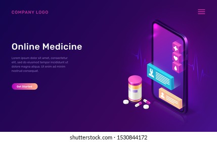 Online medicine isometric concept vector illustration. Distance or telemedicine app for mobile phones. Smartphone screen with chat messages, pulse trace and pills and tablets on purple background