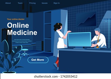 Online medicine isometric landing page. Doctor working with computer in office website template. Patient diagnosis and treatment, medical examination in clinic perspective flat vector illustration.