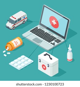 Online medicine isometric. Medical, first aid vector illustration