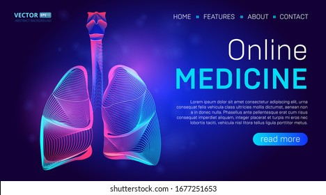 Online medicine landing page background concept or hero banner design with human lungs vector illustration. Pulmonology healthcare website template for Pneumonia, Tuberculosis or Coronavirus therapy