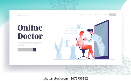 Online Medicine Landing Page Template. Friendly Doctor Character Listen Woman Patient Heart Beating through Huge Smartphone Screen. Health Care Mobile Application. Cartoon People Vector Illustration