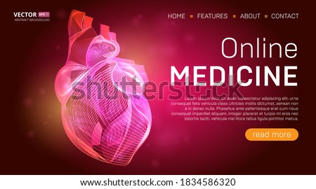 Online medicine landing page template or medical hero banner design concept. Human heart outline organ vector illustration in 3d line art style on abstract background