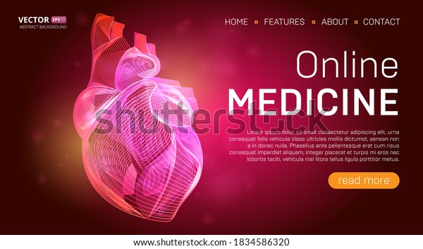 Online medicine landing\
page template or medical hero banner design concept. Human heart\
outline organ vector illustration in 3d line art style on abstract\
background