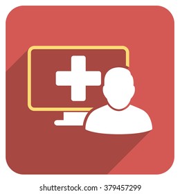 Online Medicine long shadow vector icon. Style is a light flat symbol on a red rounded square button.
