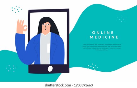 Online medicine mobile app concept. Smiling female doctor on phone screen. Video conference with physician. Virtual healthcare service and internet telemedicine vector illustration drawn by hand