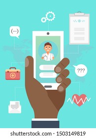 Online medicine mobile app vector illustration. Hand is holding smartphone with online medical consultation with doctor. Doctor online. Medical health care app.