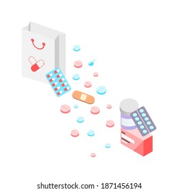 Online medicine on the laptop screen. 3D isometric medical prescription concept. Healthcare consulting web service. Hospital support online. Pharmacy, clinic, drugstore. Vector flat illustration.