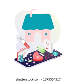 Medicina en línea en pantalla. concepto de prescripción médica isométrica 3D. Servicio web de consultoría de salud desde el hogar. Apoyo hospitalario en línea. Farmacia, clínica, farmacia. Ilustración plana vectorial.