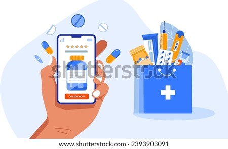 Online Medicine Ordering. Flat Design Concept for Healthcare Website. Pharmacy medical drugs, medicine, drugstore, healthcare,