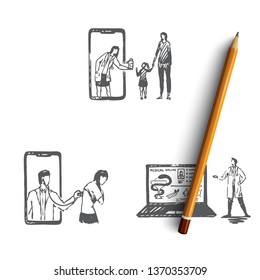 Online medicine - people ordering medicine, having medical examination and reading medical literature from laptop or smartphone screen vector concept set. Hand drawn sketch isolated illustration