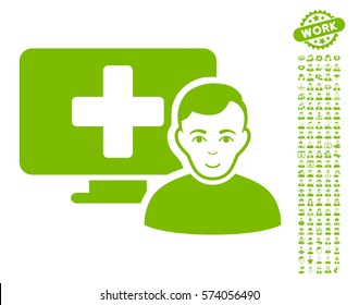 Online Medicine Pictograph With Bonus People Clip Art. Vector Illustration Style Is Flat Iconic Eco Green Symbols On White Background.