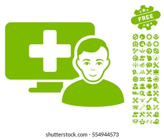 Online Medicine pictograph with bonus service design elements. Vector illustration style is flat iconic eco green symbols on white background.