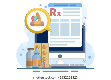 Online-Medizin-Rezept-Konzept mit Pillen, Tabletten, Flaschen, Papier auf Computer, Online-Apotheke. Computer mit Medizin und Pillen auf dem Bildschirm. Gesundheitswesen, einzeln auf flachem Hintergrund.