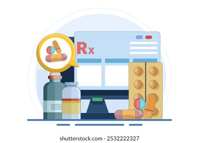 Online-Medizin-Rezept-Konzept mit Pillen, Tabletten, Flaschen, Papier auf Computer, Online-Apotheke. Computer mit Medizin und Pillen auf dem Bildschirm. Gesundheitswesen, einzeln auf flachem Hintergrund.