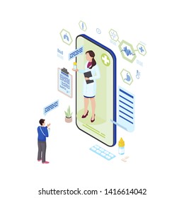 Online medicine prescription isometric illustration. Ehealth medical worker prescribing medication for patient. Remote traumatologist consulting injured man online cartoon character 