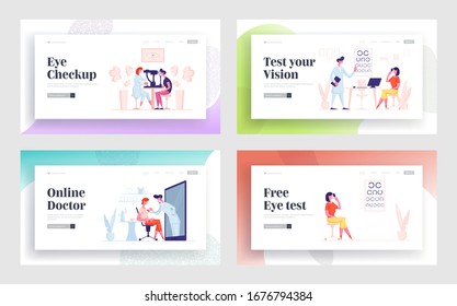 Online Medicine, Professional Optician Exam Patient Vision Landing Page Template Set. Doctor Character Testing Female Eye Sight For Treatment, Health Care Service. Cartoon People Vector Illustration