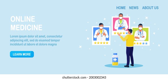 Online medicine, professional virtual consultation service. Customer feedback. Clients Evaluation Doctors Ranking. Patients Analyzing Best Physicians Profiles. Man Comparing Therapists Reviews. Vector