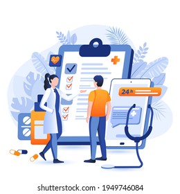Online medicine scene. Patient consults with doctor via smartphone application. Healthcare, medical prescriptions, diagnosis, treatment concept. Vector illustration of people characters in flat design