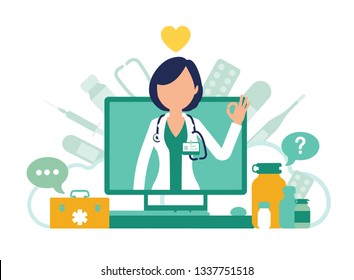 Online medicine screen with doctor. Internet pharmacy or e-pharmacy development, medical supply store, professionals to give diagnosis and treatment. Vector abstract illustration, faceless characters