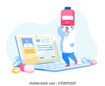 Servicio de Medicina en Línea. Personaje Doctor en el Laboratorio, portando frasco de almohadas con tabletas de medicamentos dispersos en una laptop enorme con recibo digital. Tratamiento de enfermedades distantes. Ilustración de vectores de caricatura