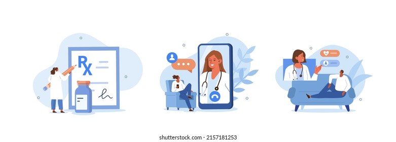 Online medicine service illustration set. Patients meeting with doctors online, having consultation and receiving digital prescription. Telemedicine and healthcare concept. Vector illustration.